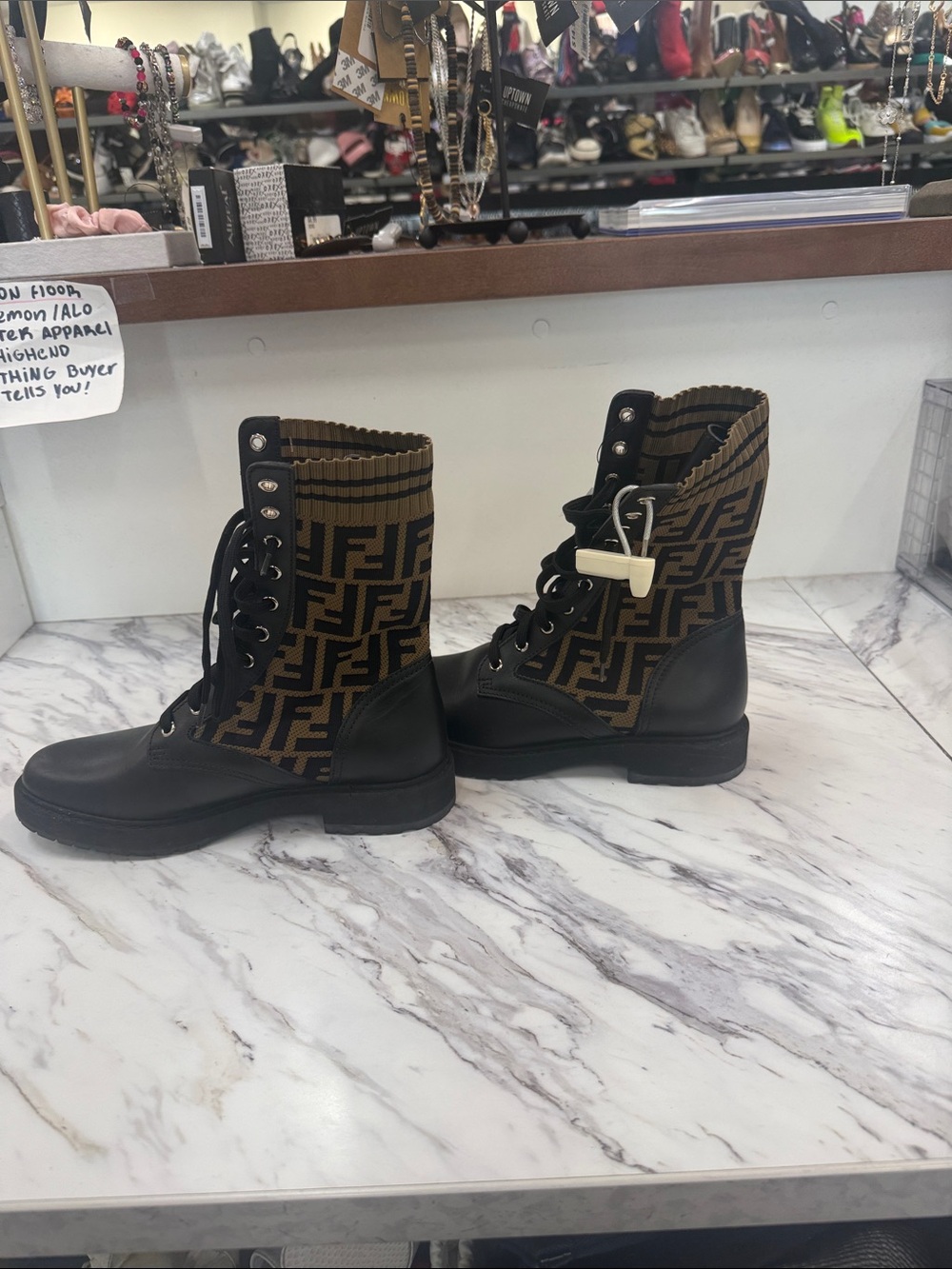 Fendi Black Leather Combat Boots with Brown FF Knit Cuff - Picture 3 of 6